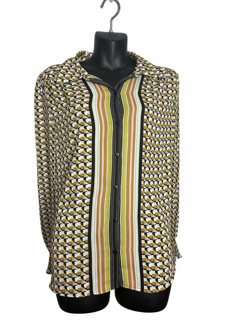 DR2 Women's Long Sleeve Button-Up Blouse Size L Geometric Print Polyester